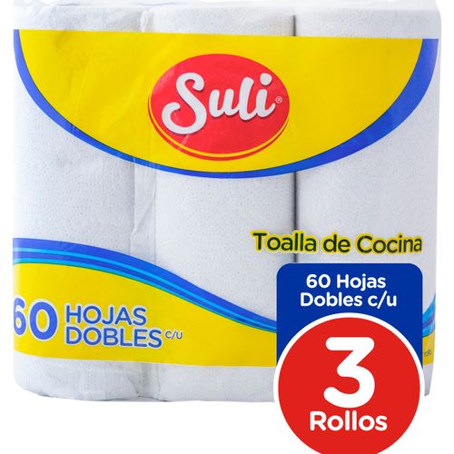 Toalla De Papel Para Cocina Tipo Mayordomo Marca Suli 60 Hojas Dobles - 3 Rollos