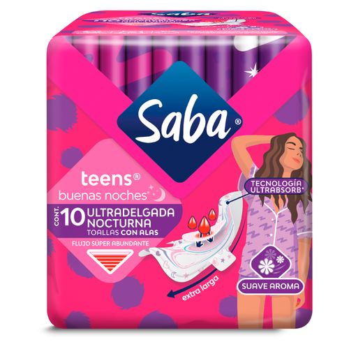 Toallas Femeninas Saba Teens Ultradelgada Nocturna Flujo Súper Abundante Con Alas - 10Uds