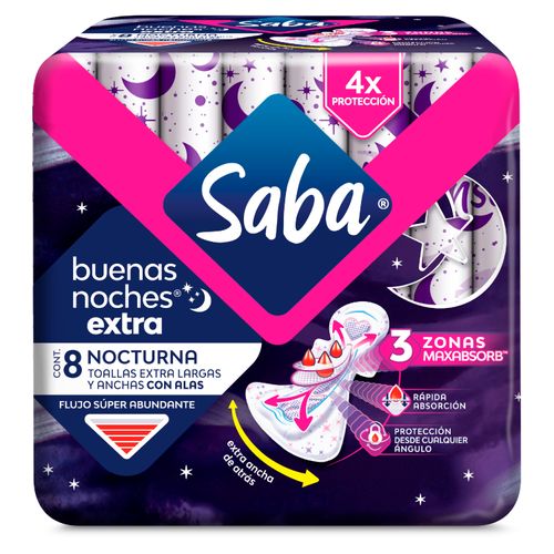 Toallas Femeninas Saba Nocturna Flujo Súper Abundante Extra Largas Y Anchas Con Alas - 8Uds