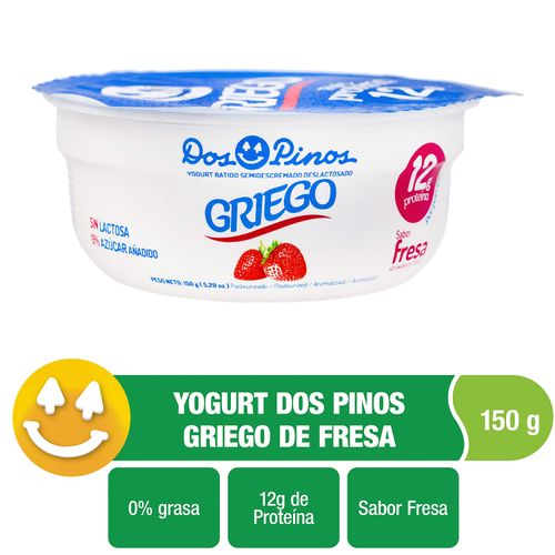 Yogurt Dos Pinos Griego sabor fresa semidescremado sin lactosa 0% azúcar añadido - 150 g