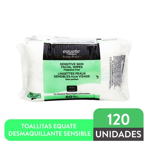 Toallitas Desmaquillantes Marca Equate Sensib Sin Fragancia - 120 Unidades