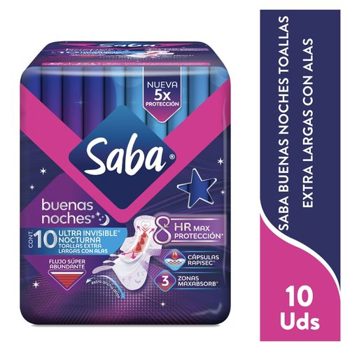 Toallas Femeninas Saba Buenas Noches Ultra Invisible, Flujo Súper Abundante Con Alas - 10 uds