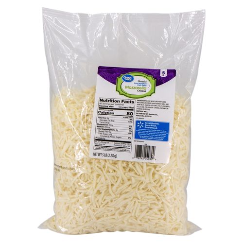 Queso Mozzarella Great Value Semi Descremado Rallado Bolsa - 2.27kg