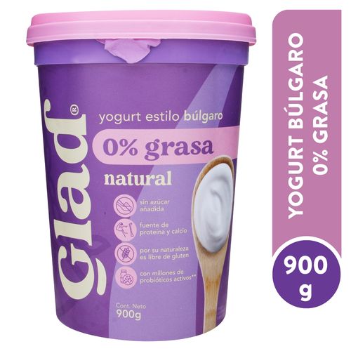 Yogurt estilo búlgaro Glad natural y 0% grasa - 900 g
