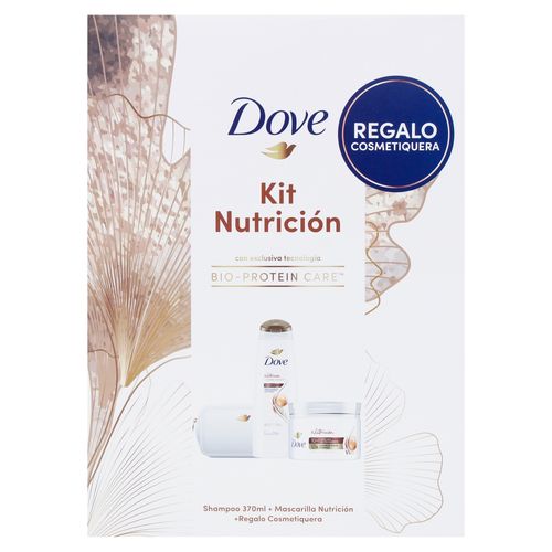 Kit Dove nutrición Shampoo 370 ml mascarilla 300 g más cosmetiquera