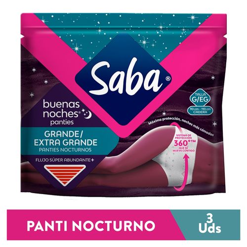Panties Nocturnos Saba Flujo Súper Abundante + Talla: G/EG - 3Uds