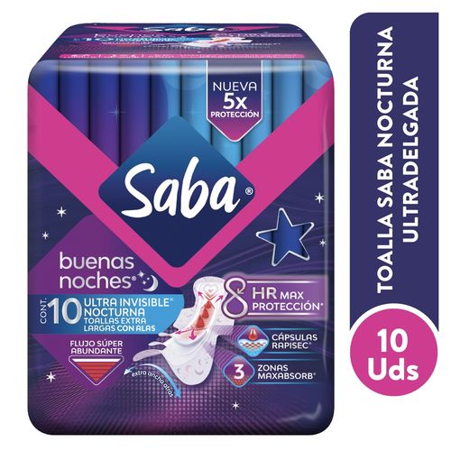 Toallas Femeninas Saba Buenas Noches Ultra Invisible, Flujo Súper Abundante Con Alas - 10 uds