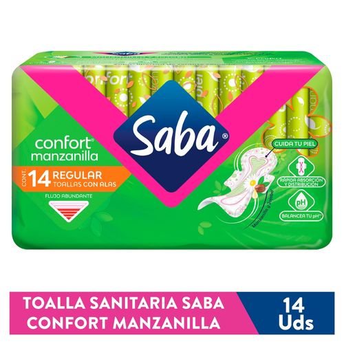 Toallas Femeninas Saba Confort Manzanilla Flujo Abundante Regular Con Alas - 14 uds