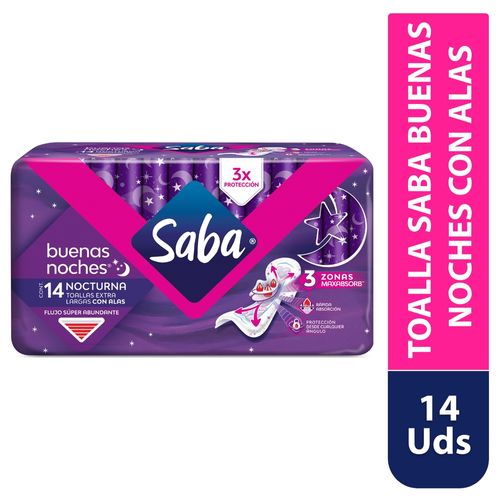 Toallas Femeninas Saba Nocturna Flujo Súper Abundante Extra Larga Con Alas -14 uds