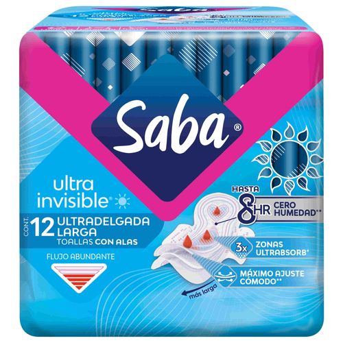 Toallas Femeninas Saba Ultra Invisible Ultradelgada Larga Flujo Abundante Con Alas - 12Uds