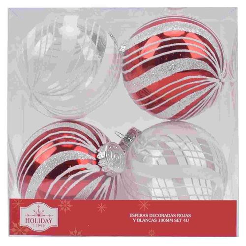 Esferas Holiday Time Decorativas Rojas y Blancas 100 mm - 4 Uds