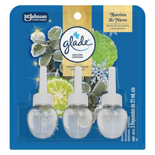 Aromatizante Glade Edición Limitada Aceites Naturales 3 Repuestos Sueños de Nieve 63ml